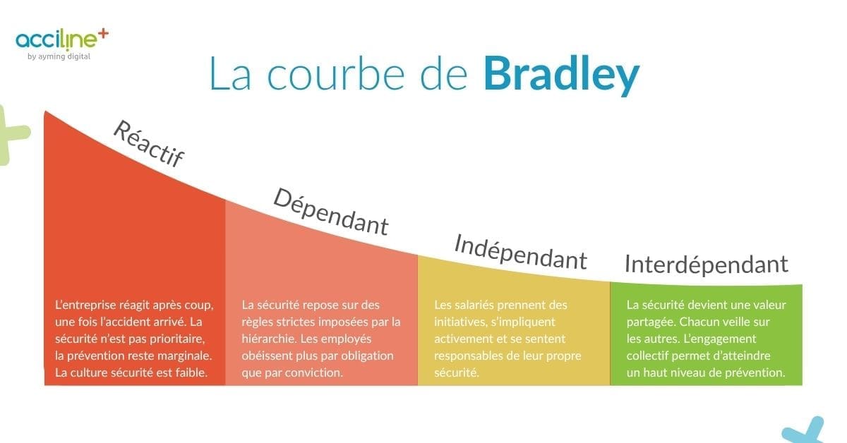 Schéma de la courbe de bradley, avec les détails sur les 4 étapes : Réactif, Dépendant, Indépendant, Interdépendant.