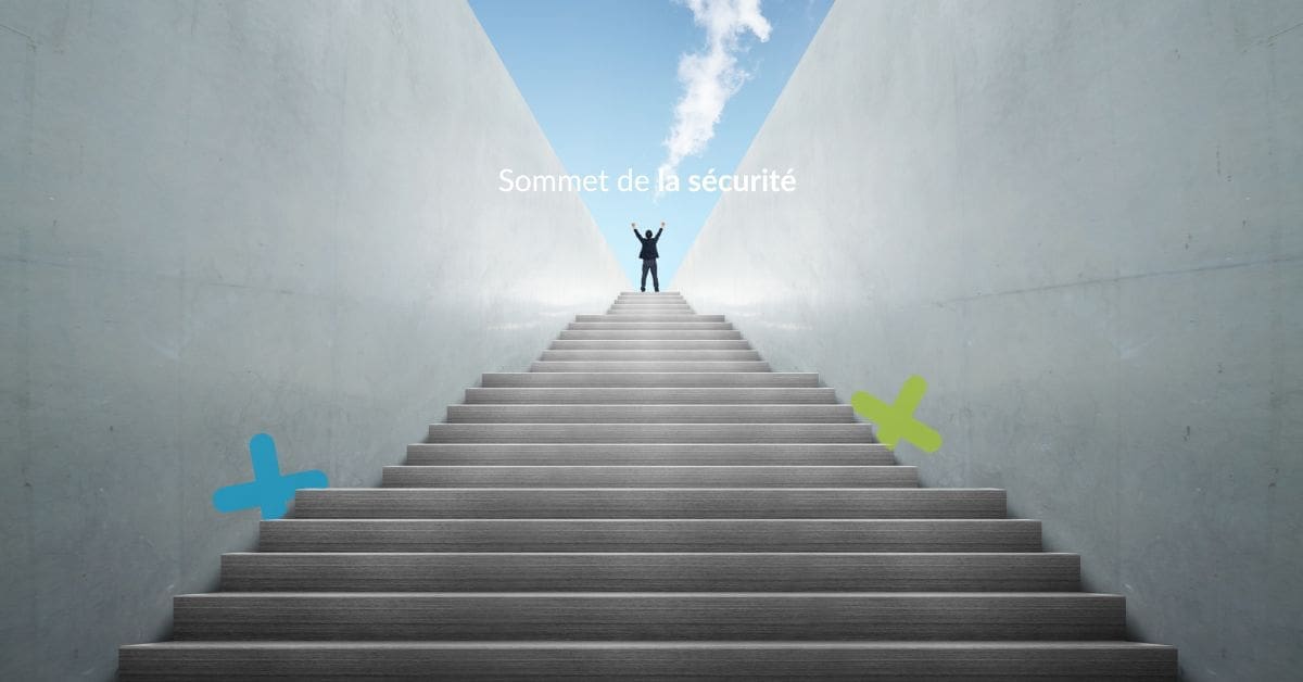 Image représentant un homme montant les escaliers : le sommet des escaliers représentant le top de la sécurité.