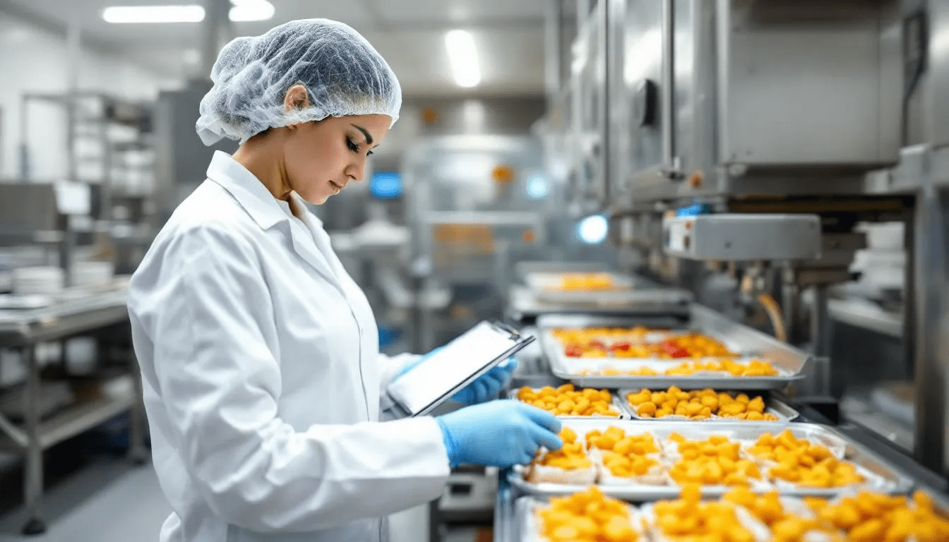 Un inspecteur qualité examine des produits alimentaires sur une ligne de production, s'assurant de leur conformité aux normes de sécurité alimentaire et aux exigences du British Retail Consortium (BRC). Cette inspection est essentielle pour garantir la qualité et la sécurité des produits destinés aux distributeurs et consommateurs.