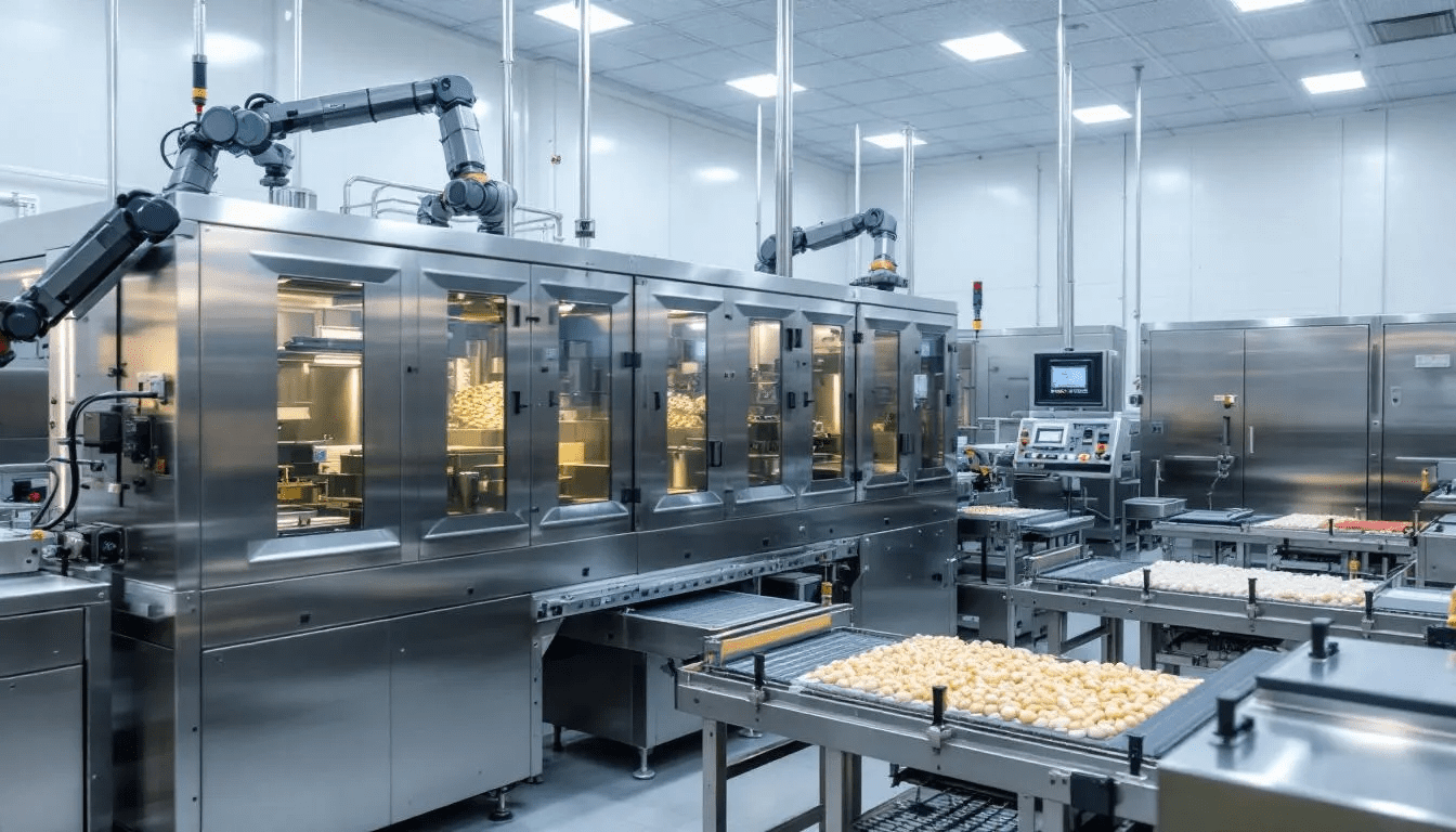 Une usine agroalimentaire moderne est représentée, avec des équipements de production automatisés garantissant la qualité et la sécurité des produits alimentaires. Cette installation respecte les normes de certification BRC, assurant la conformité aux exigences de sécurité alimentaire pour les fabricants et les distributeurs.